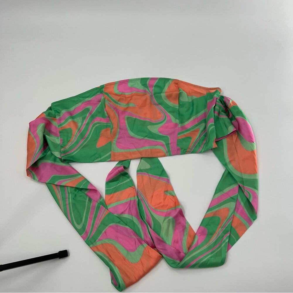 ASOS Design Groovy 70’s Swirl Abstract Print Satin Wrap Top